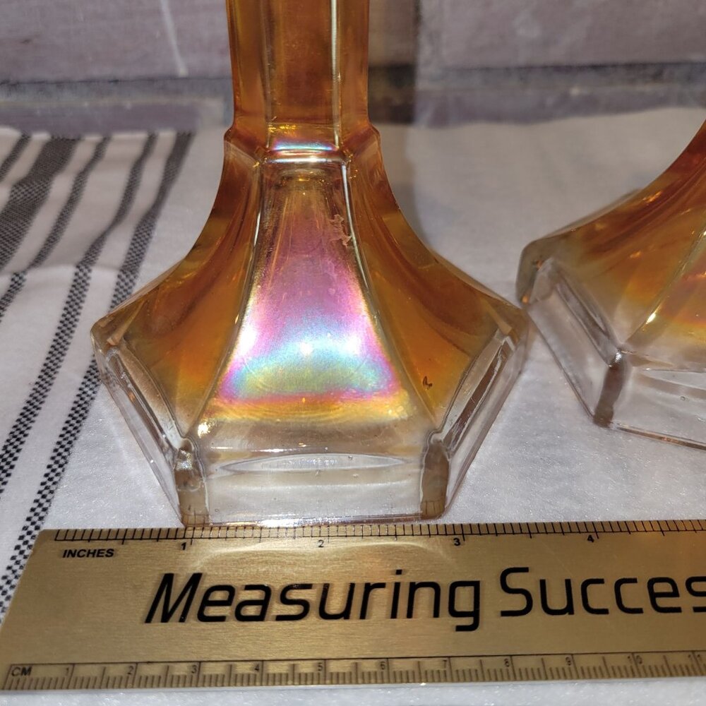 Iridescent Amber Glass Candlestick Holders - Pair - Picture 6 of 9
